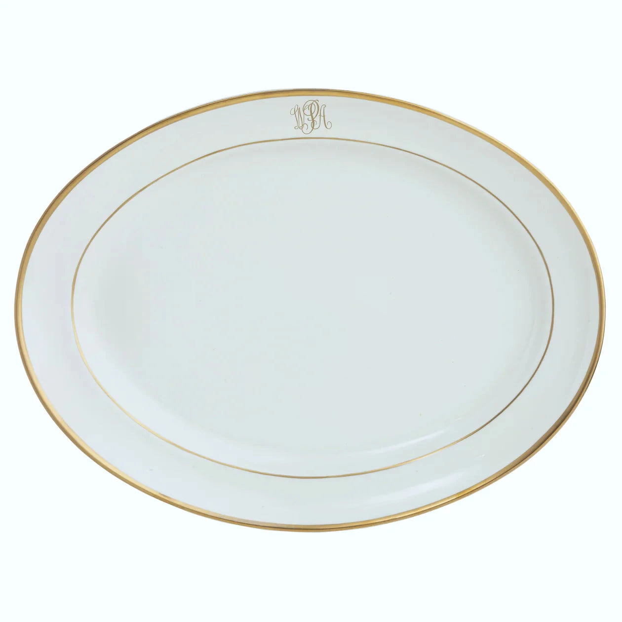 Oval Platter in Light Blue and Gold Ultra-White with Signature Gold Monogram