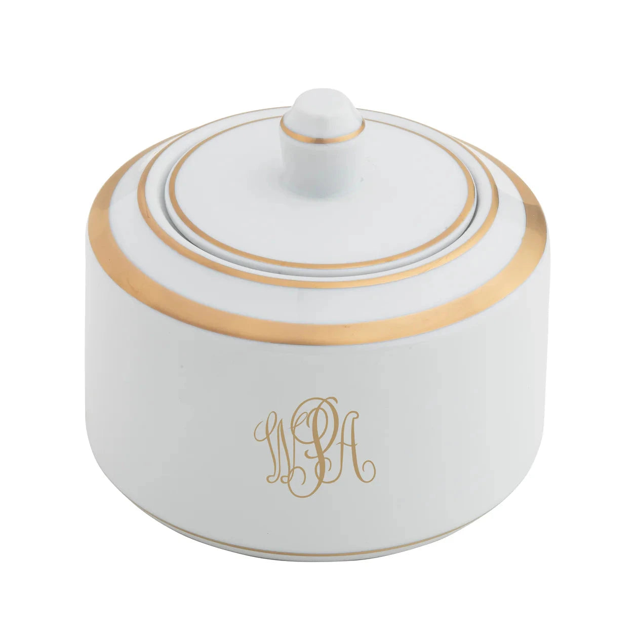 Sugar Dish and Cover in Ultra-White with Signature Gold Monogram