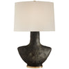 Armato Small Table Lamp in Stained Black Metallic Ceramic with Oval Linen Shade - Salisbury & Manus