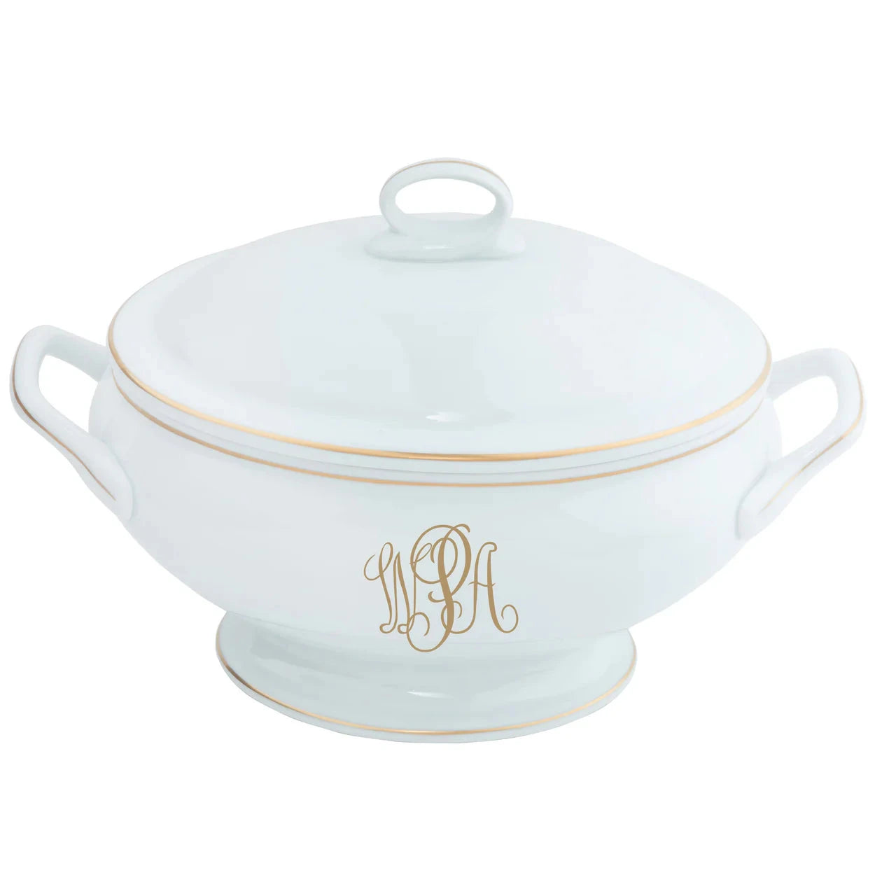 Covered Vegetable Bowl in Light Blue and Gold Ultra-White with Signature Gold Monogram