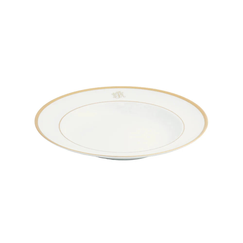 Soup Plate in Light Blue and Gold Ultra-White with Signature Gold Monogram
