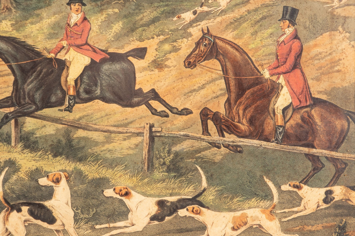 ENGLISH 19TH C. COLORED PRINT- HUNT SCENE in a Burlwood Frame - Salisbury & Manus