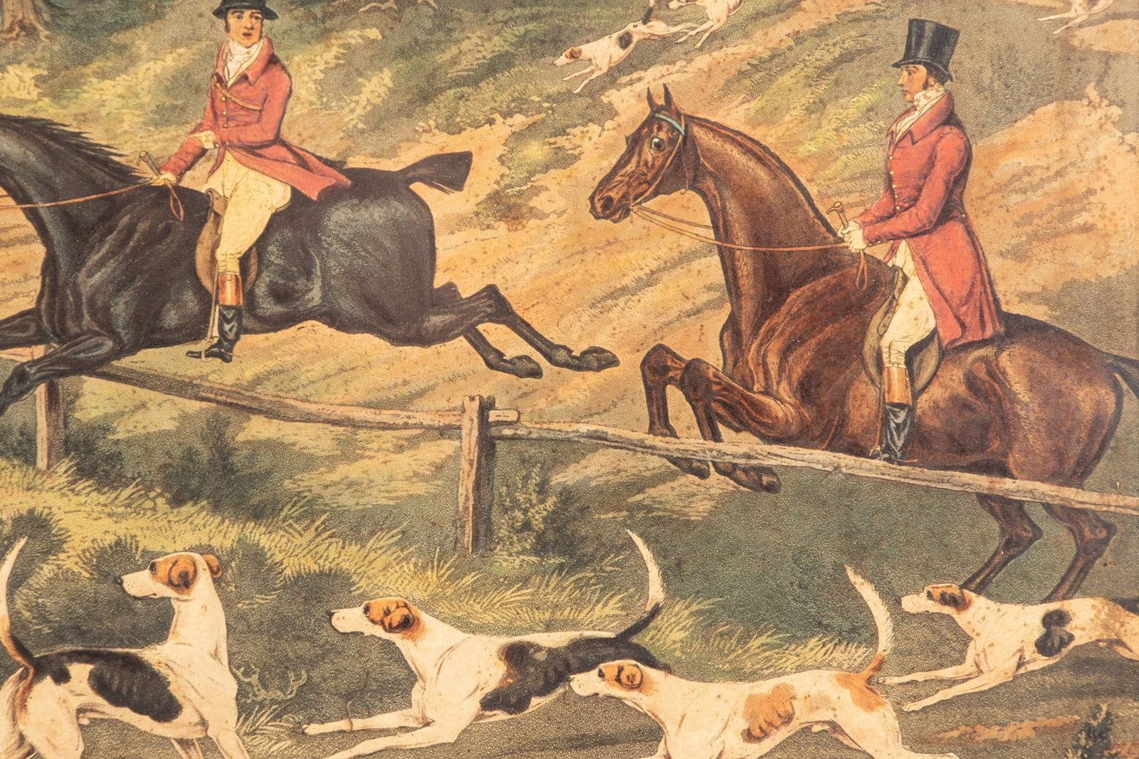 ENGLISH 19TH C. COLORED PRINT- HUNT SCENE in a Burlwood Frame - Salisbury & Manus