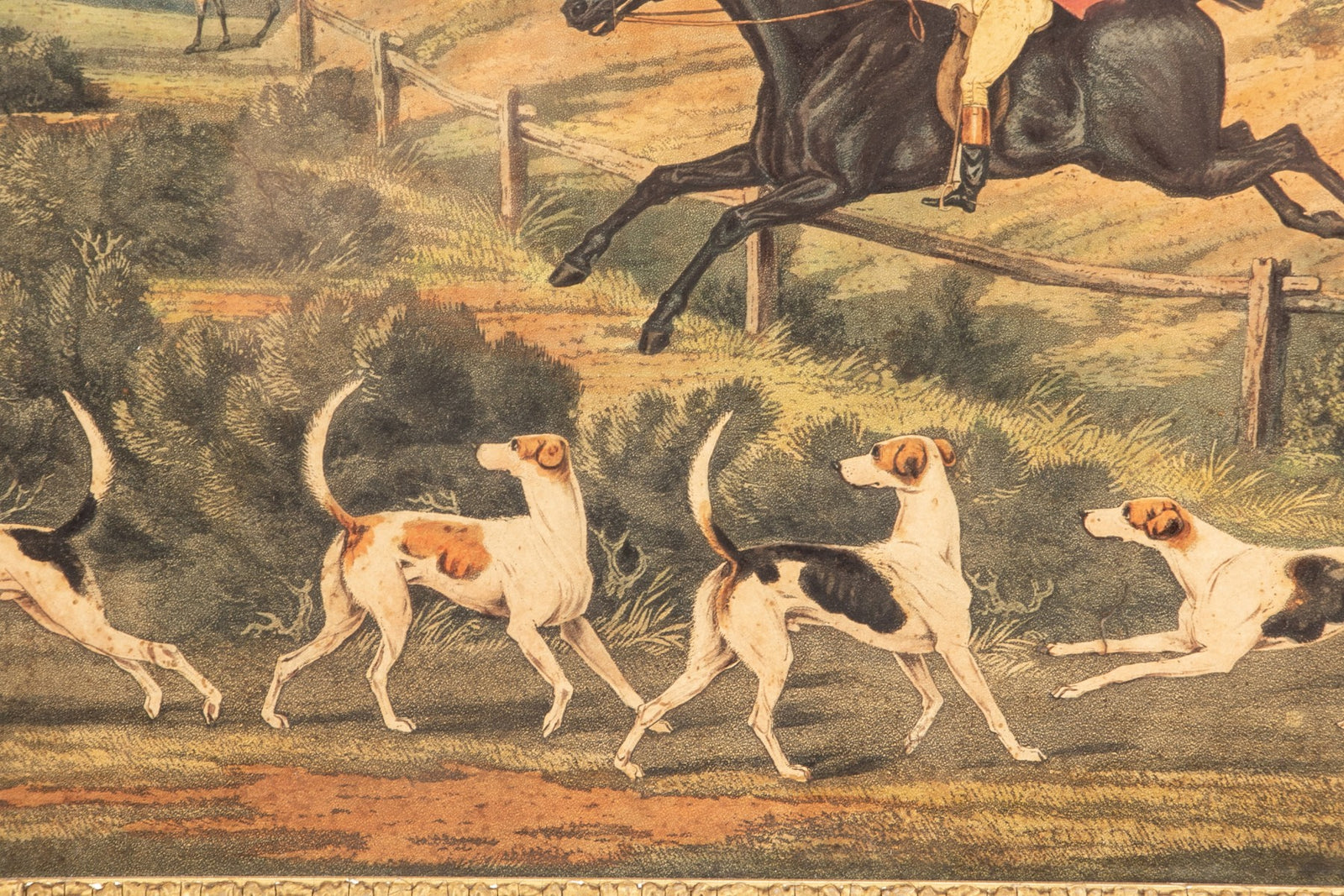 ENGLISH 19TH C. COLORED PRINT- HUNT SCENE in a Burlwood Frame - Salisbury & Manus