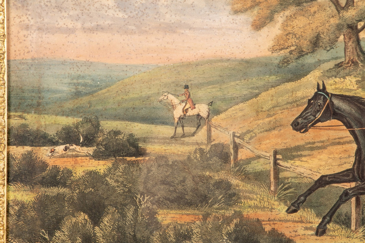 ENGLISH 19TH C. COLORED PRINT- HUNT SCENE in a Burlwood Frame - Salisbury & Manus
