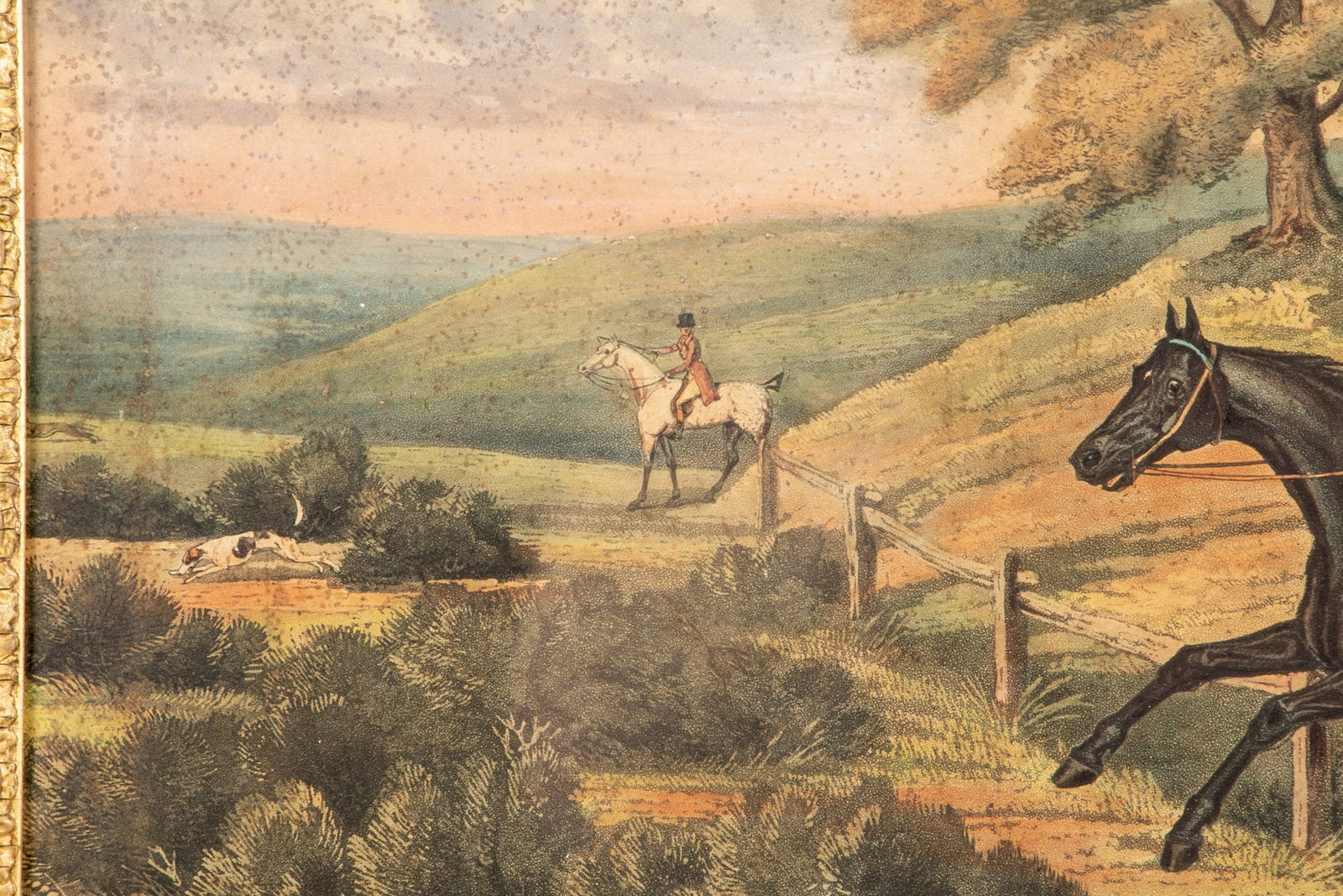 ENGLISH 19TH C. COLORED PRINT- HUNT SCENE in a Burlwood Frame - Salisbury & Manus