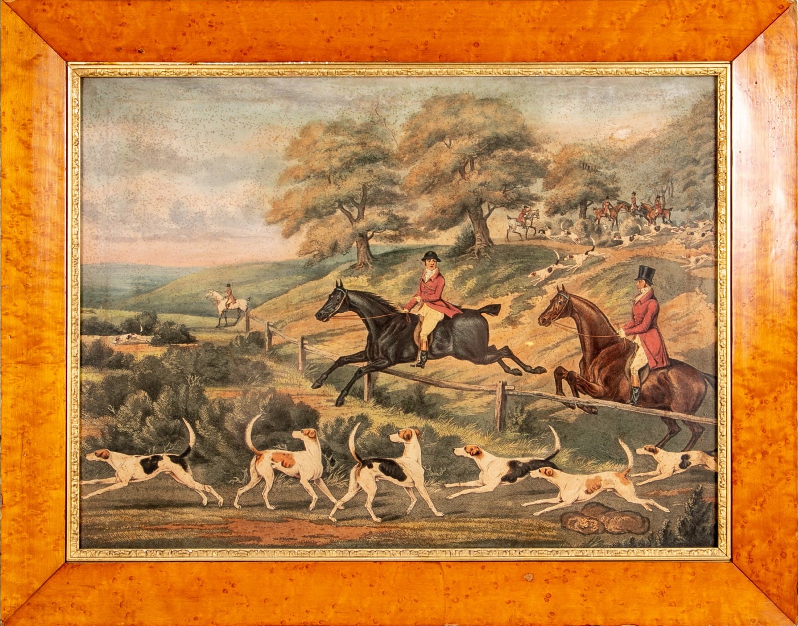 ENGLISH 19TH C. COLORED PRINT- HUNT SCENE in a Burlwood Frame - Salisbury & Manus