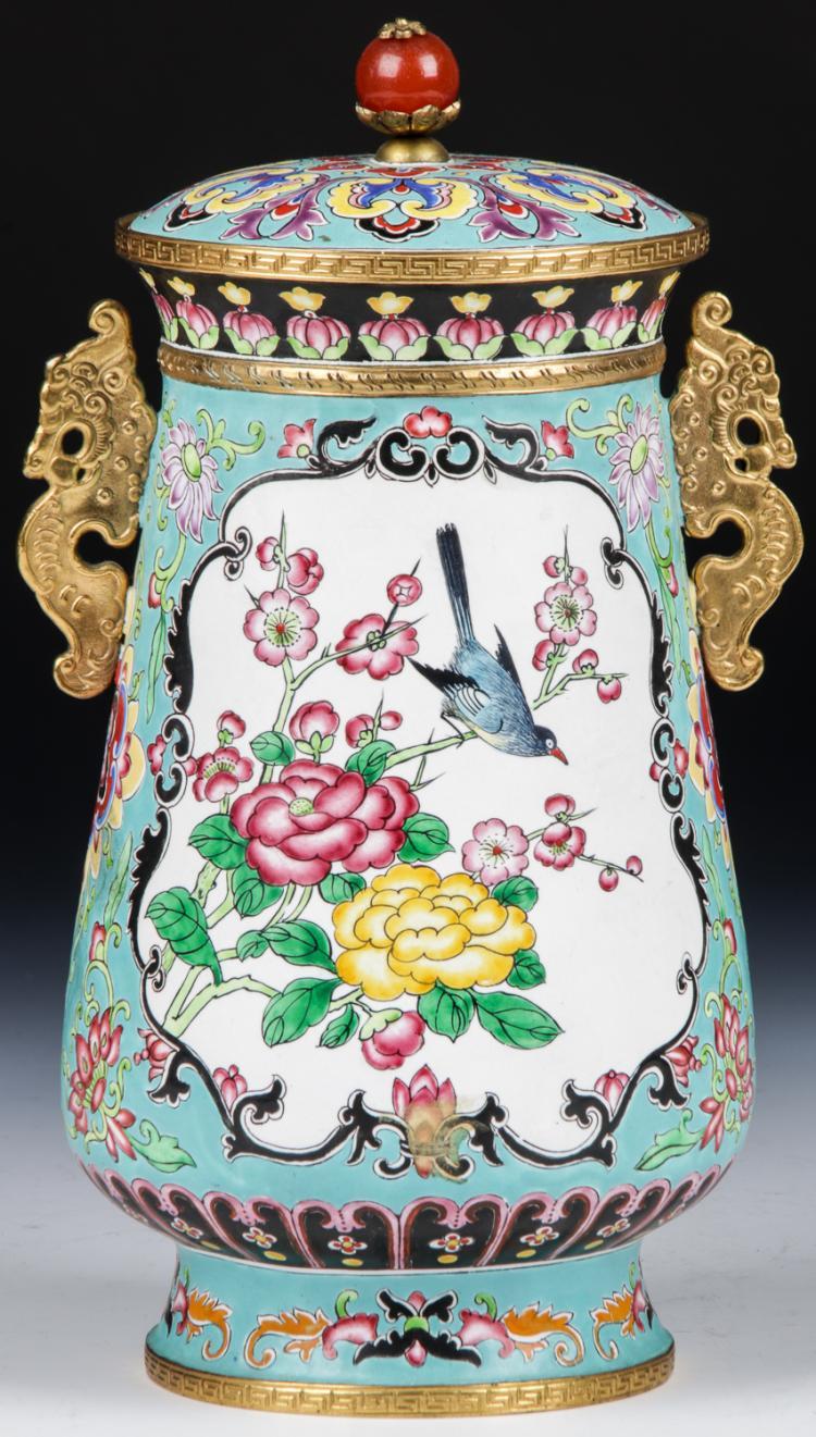 Chinese Canton Enamel Bronze Mounted, lidded urn. Size: 8.75'' x 4.75'' x 4.25'' - Salisbury & Manus