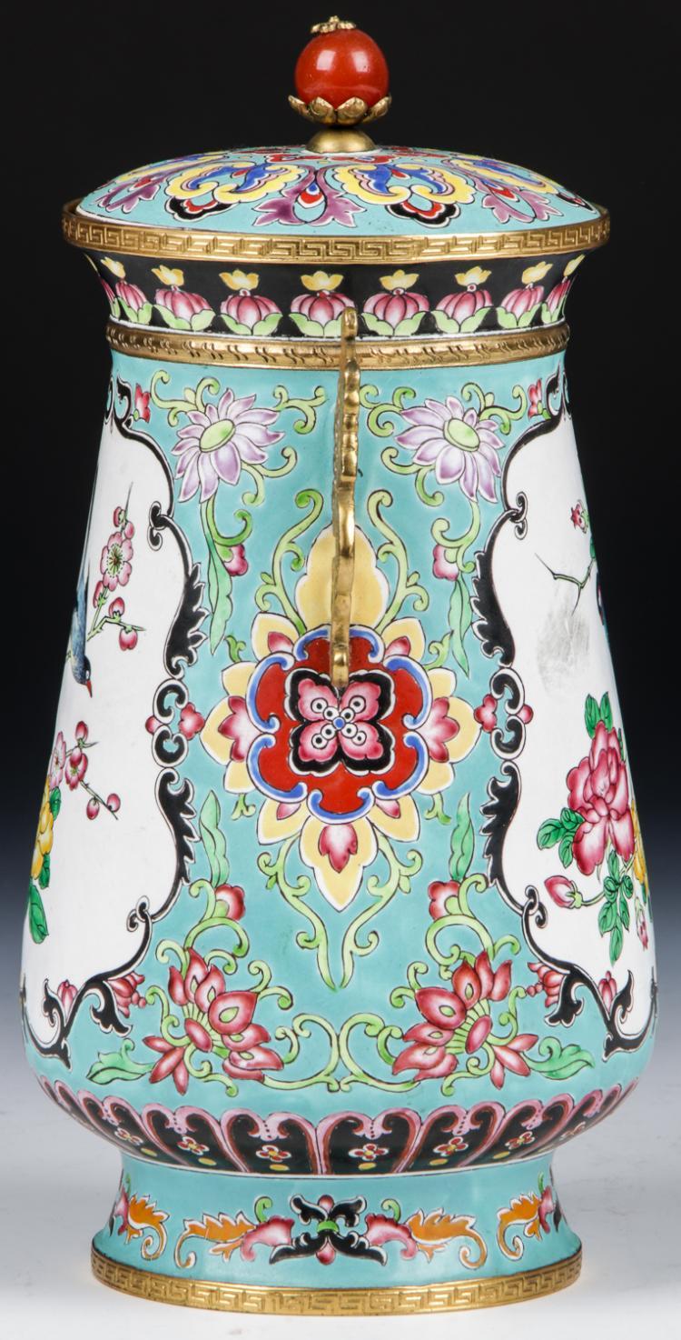 Chinese Canton Enamel Bronze Mounted, lidded urn. Size: 8.75'' x 4.75'' x 4.25'' - Salisbury & Manus