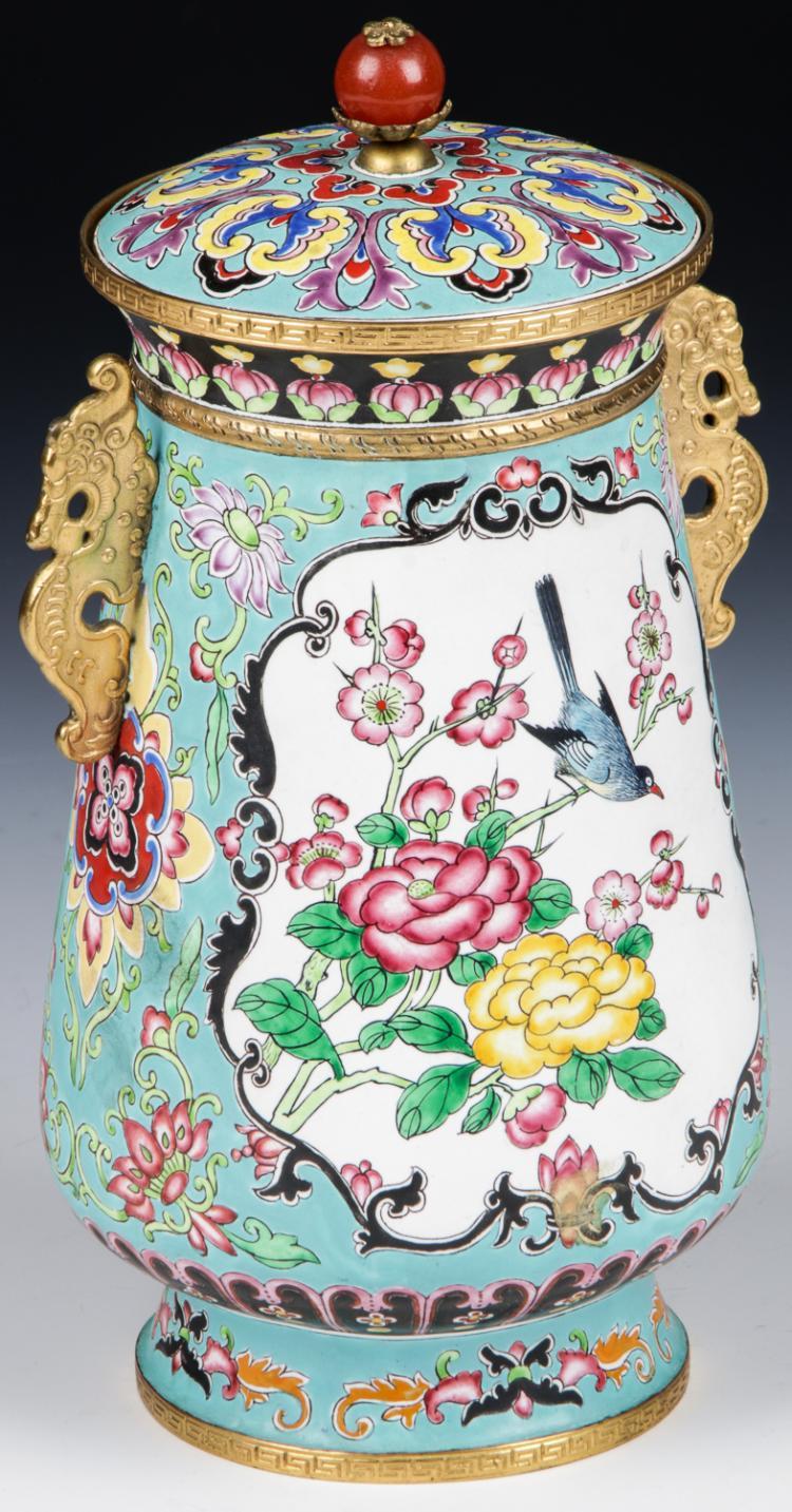 Chinese Canton Enamel Bronze Mounted, lidded urn. Size: 8.75'' x 4.75'' x 4.25'' - Salisbury & Manus