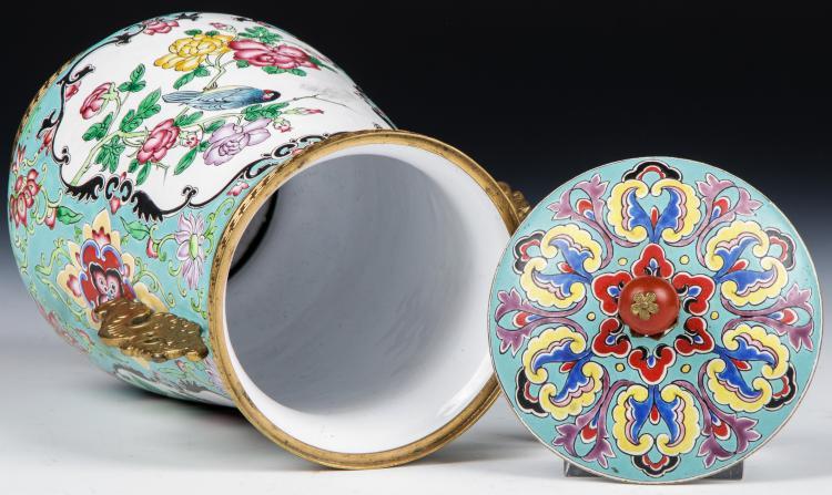 Chinese Canton Enamel Bronze Mounted, lidded urn. Size: 8.75'' x 4.75'' x 4.25'' - Salisbury & Manus