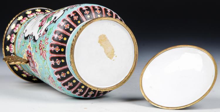 Chinese Canton Enamel Bronze Mounted, lidded urn. Size: 8.75'' x 4.75'' x 4.25'' - Salisbury & Manus
