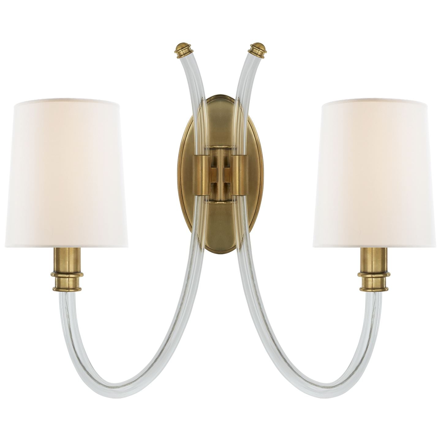 Clarice Double Sconce in Crystal and Antique-Burnished Brass with Linen Shades - Salisbury & Manus