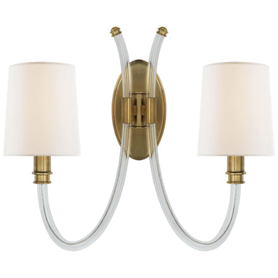 Clarice Double Sconce in Crystal and Antique-Burnished Brass with Linen Shades - Salisbury & Manus