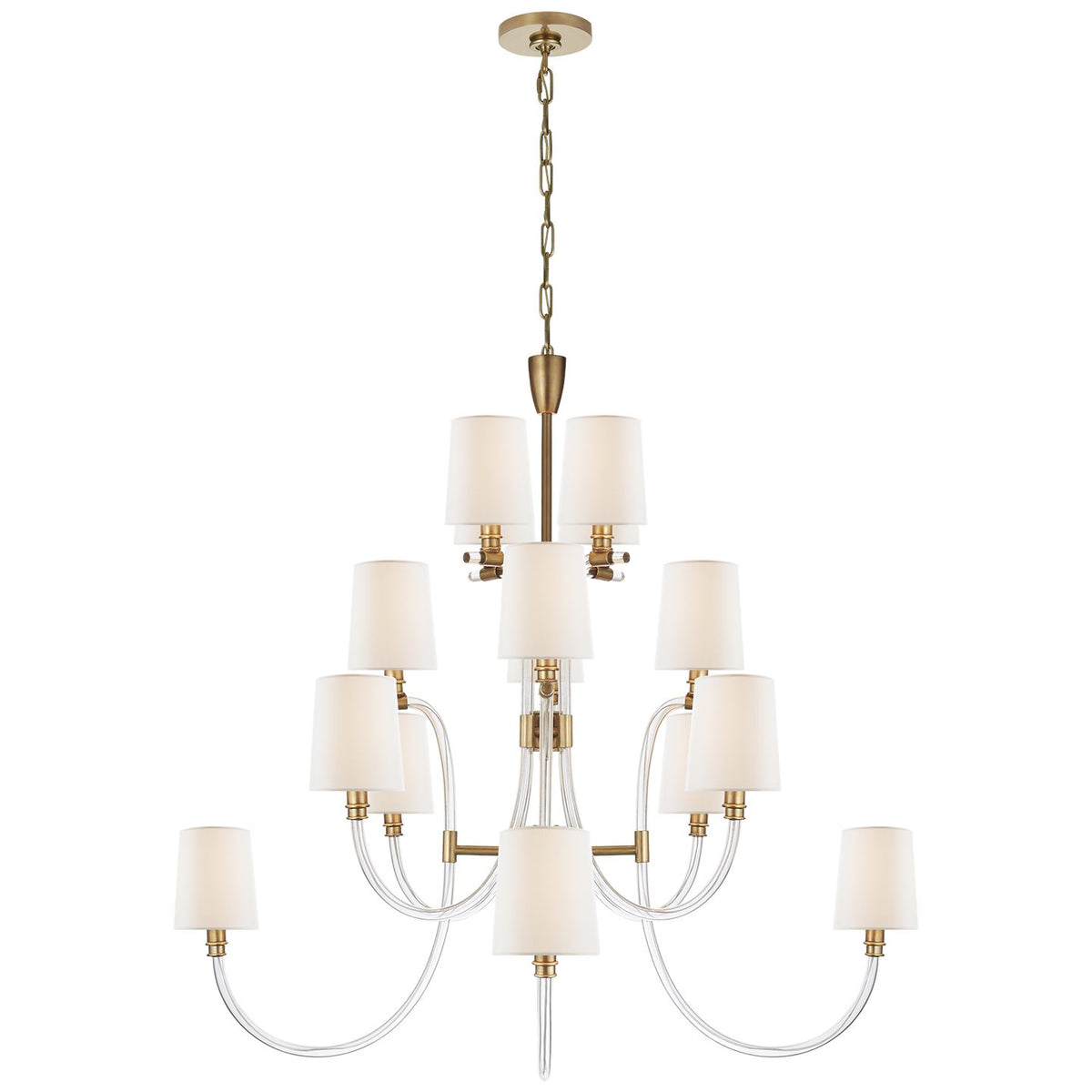 Clarice Large Chandelier in Crystal and Antique-Burnished Brass with Linen Shades - Salisbury &amp; Manus