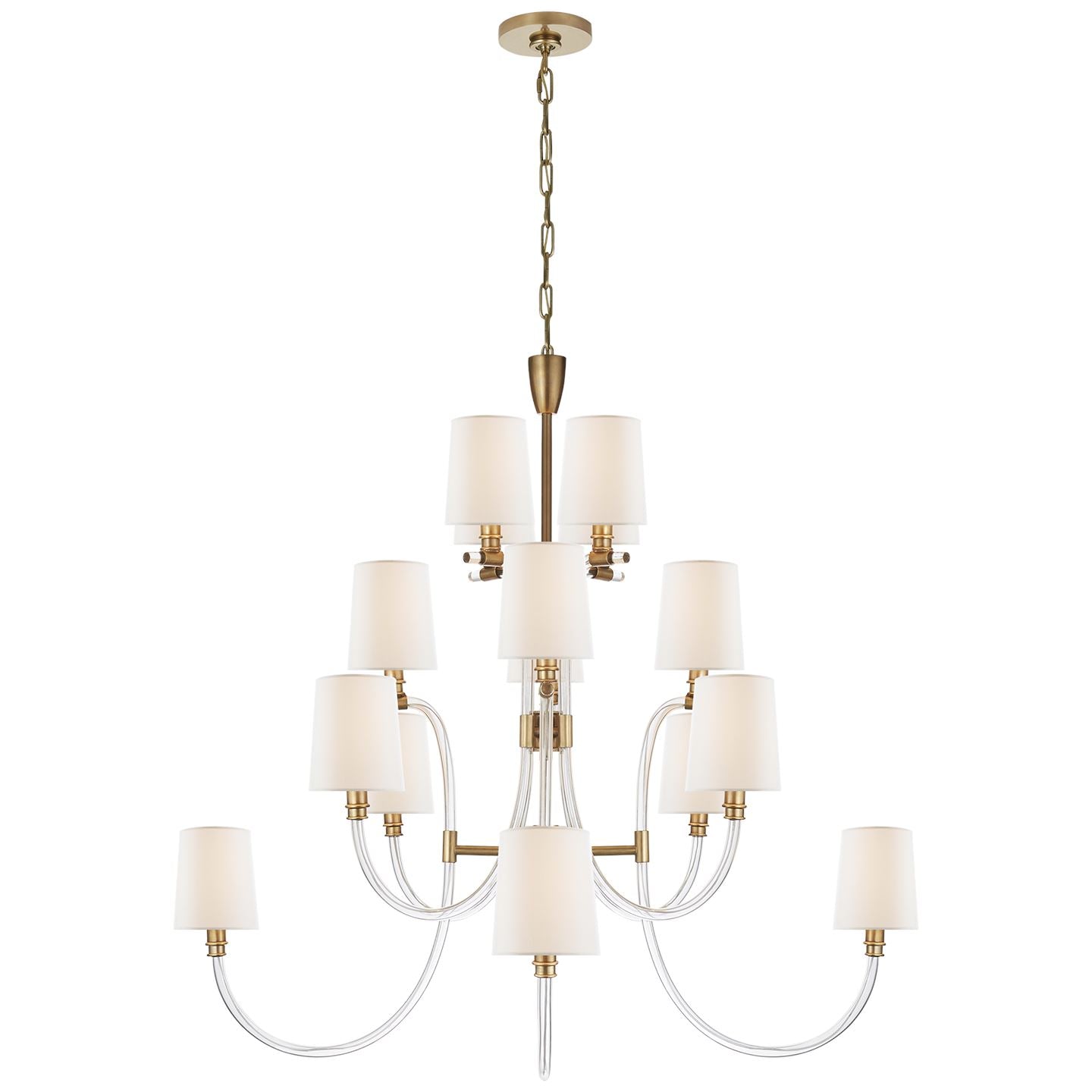 Clarice Large Chandelier in Crystal and Antique-Burnished Brass with Linen Shades - Salisbury & Manus