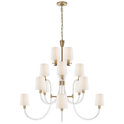 Clarice Large Chandelier in Crystal and Antique-Burnished Brass with Linen Shades - Salisbury & Manus