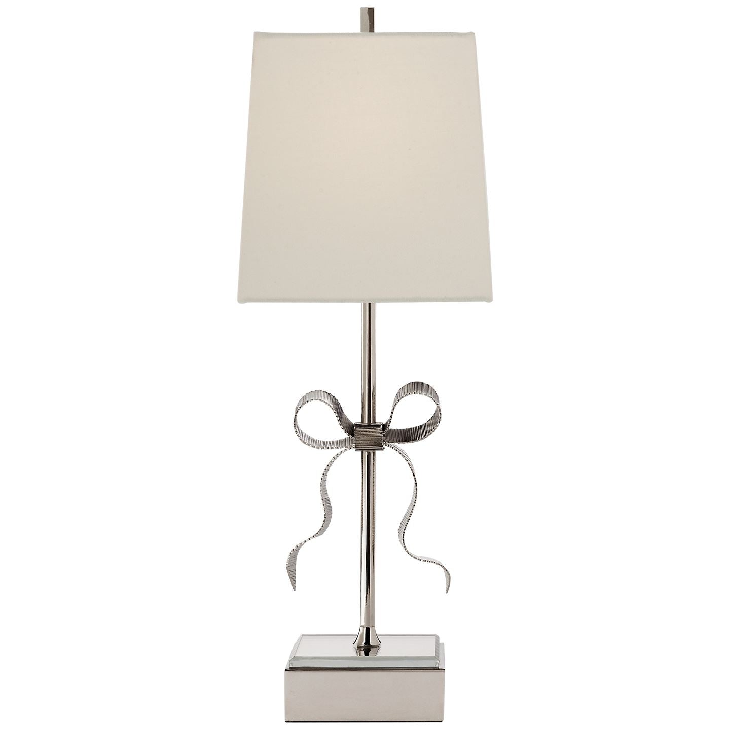 Ellery Gros-Grain Bow Table Lamp in Polished Nickel and Mirror with Cream Linen Shade - Salisbury & Manus
