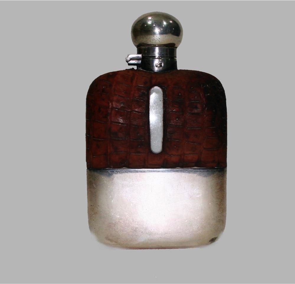 English Sterling Silver and Crocodile Flask - Salisbury & Manus