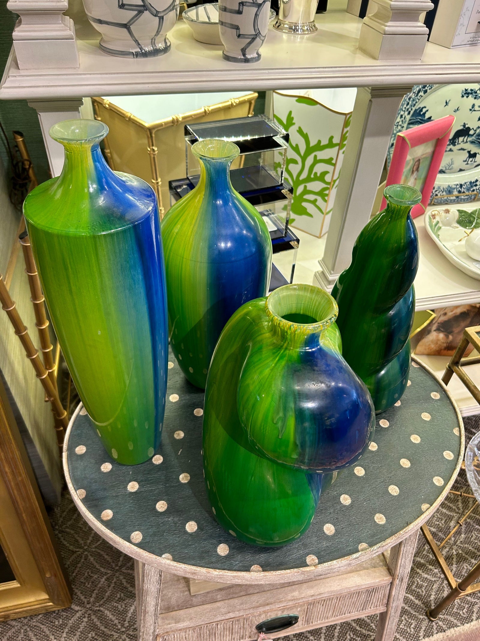 Hand Blown Decorative Glass Green Vases SET OF 4