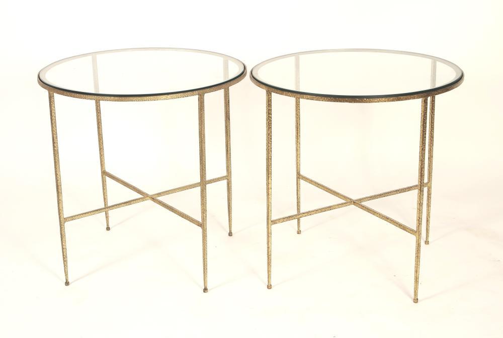 Pair of Gilt Hammered Steel and Glass Tables - Salisbury & Manus
