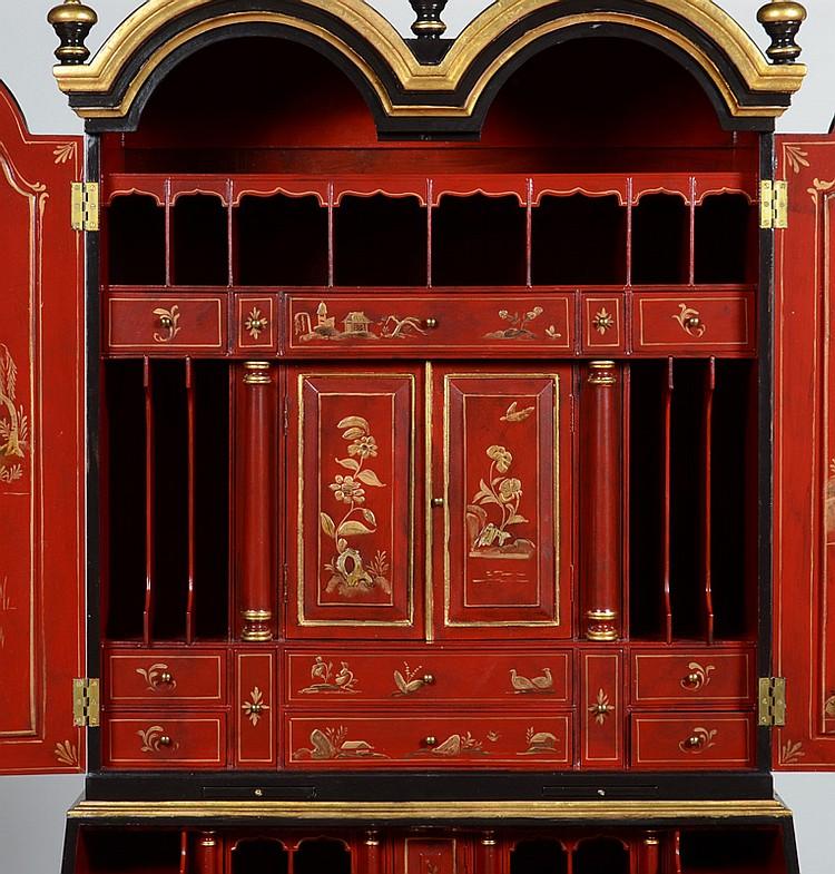 Queen Anne Style Black Lacquer and Parcel-Gilt Japanned Double Domed Secretary Bookcase, 20th Century - Salisbury & Manus