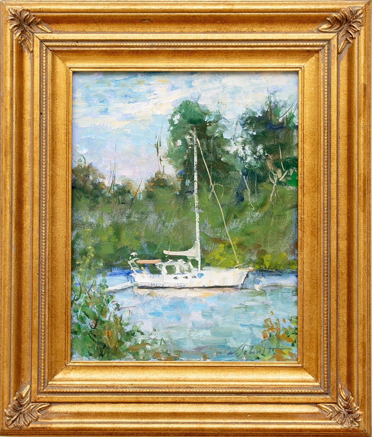 WILLIAM J. SCHULTZ (AMERICAN, 1919-2005) OIL ON CANVAS, SAILBOAT MOORED IN AN INLET - Salisbury &amp; Manus