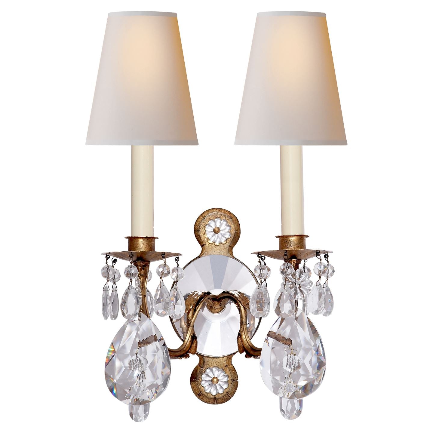 Yves Crystal Double Arm Sconce in Gilded Iron and Crystal with Natural Percale Shades - Salisbury & Manus
